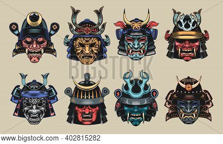 Japanese Samurai Masks Flat Illustration Set. Japan Traditional Vintage Warrior Or Fighter Clipart I