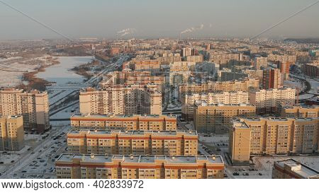 Tall New Buildings In A Russian Winter City. New Residential Areas Of Penza With Houses In Winter. S