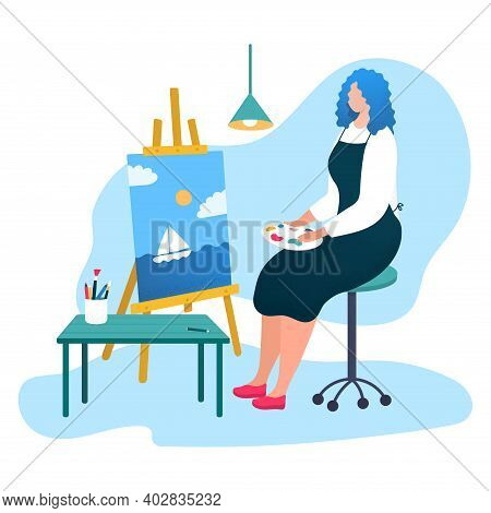 Woman Professional Artist Paintress Drawing Picture, Female Sitting Easel Cartoon Vector Illustratio