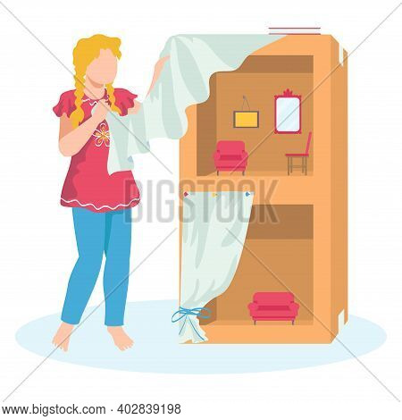 Little Cute Girl Play Dollhouse, Cardboard Doll House, Female Cheerful Character Cartoon Vector Illu