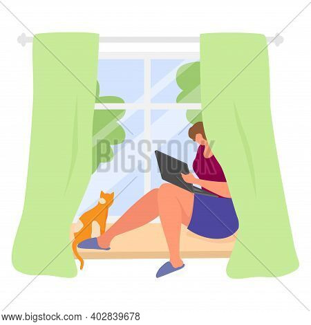 Woman Sitting Windowsill With Cute Red Cat, Online Surf Internet Laptop Gadget, Remote Freelander Wo