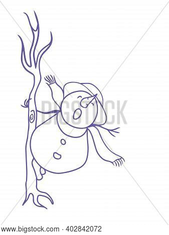 Singing Snowman. Funny Snowman Character In A Brimmed Hat Singing Holding A Tree. Suitable For Valen
