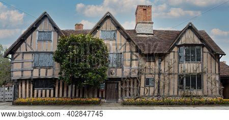 Stratford Upon Avon, Uk - April 30, 2018: Shakespeare's Birthplace,  16th-century Half-timbered Hous