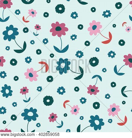 Blue And Pink Tossed Daisies Repeating Pattern