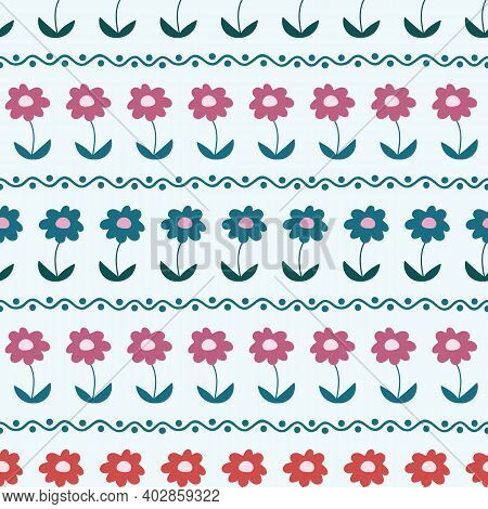 Blue And Pink Daisies Striped Seamless Repeating Pattern