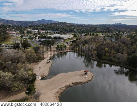 Aerial View Of Lake At The Kit Carson Park, Municipal Park In Escondido, California, Usa