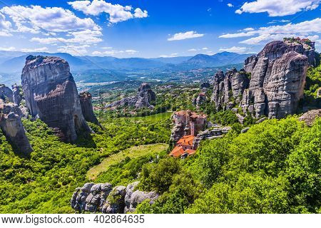 Meteora, Greece. Sandstone Rock Formations, The Rousanou, The Nikolaos And The Grand Meteora Monaste