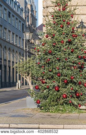 Berlin, Germany - December 18, 2020: Christmas Tree Decorated With Red Balls At The Street Behrenstr