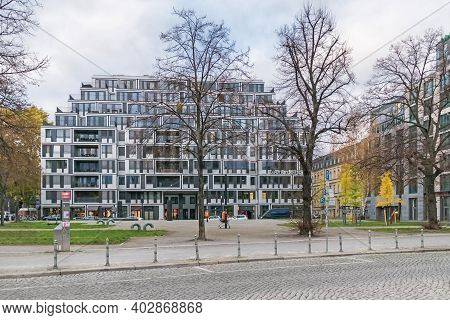 Berlin, Germany - November 16, 2020: Bank Of The River Spree Schiffbauerdamm With The Square Bertolt