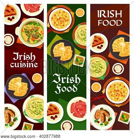 Irish Cuisine Vector Pork Sausages, Cherry Pie, Vegetable Stuffed Beef, Broccoli Pudding And Fish So