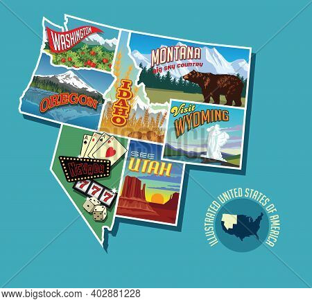 Illustrated Pictorial Map Of Northwest United States. Includes Washington, Oregon, Idaho, Montana, W