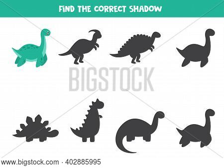 Find The Right Shadow Of Cute Cartoon Plesiosaurus.