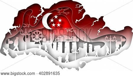 Vector Singapore In Paper Art Style. Digital Art