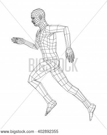Wireframe Running Man. Vector 3d Rendering. Man In Running Pose