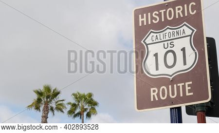 Pacific Coast Highway, Historic Route 101 Road Sign, Tourist Destination In California Usa. Letterin