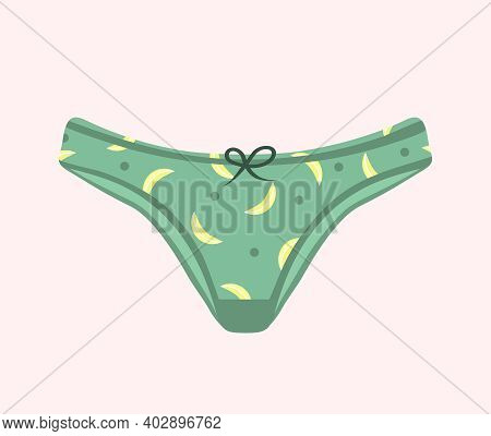 Trendy Female Panties. Cute Green Panty With Bananas. Home Nightclothes. Modern Hand Drawn Undergarm