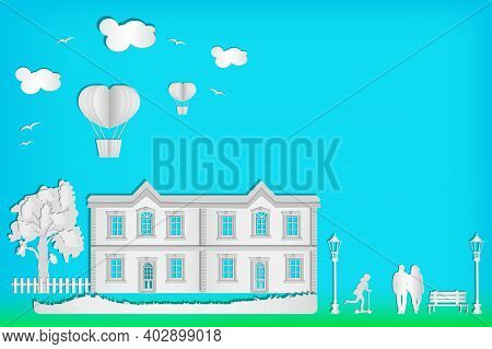 House, Tree, People, Street Lamp, Hot Air Balloon And Clouds On Blue Sky Background. Urban Landscape