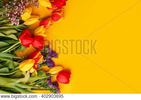 Yellow Colorful Holiday Banner. Bouquet Of Red Yellow Tulips On Bright Yellow Background. Mother's D