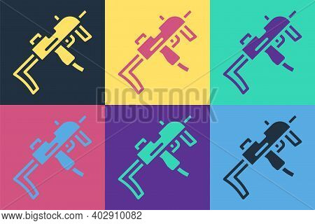 Pop Art Mp9 Submachine Gun Icon Isolated On Color Background. Automatic Weapon. Vector