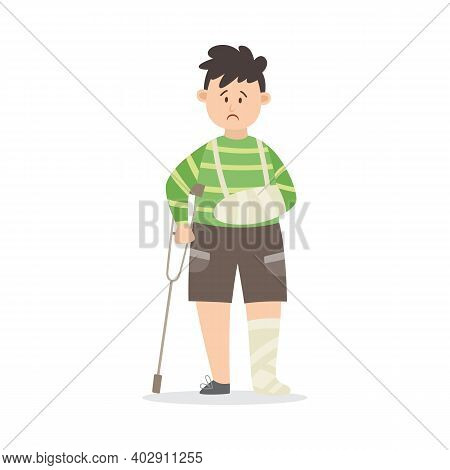 Boy After Serious Injury With Broken Limbs Flat Vector Illustration Isolated.