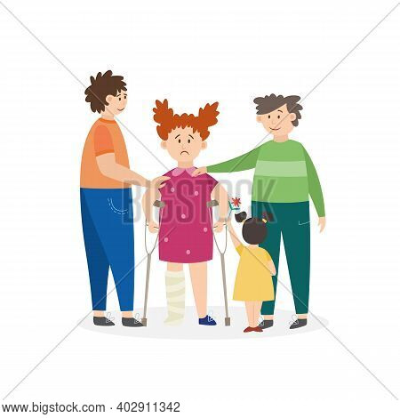 Children Comfort An Injured Girl On Crutches, Flat Vector Illustration Isolated.