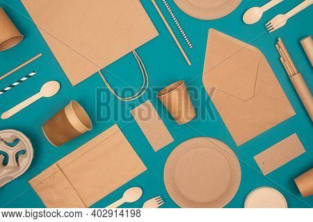 Flat Lay With Eco-friendly Tableware - Kraft Paper Food Packaging On Green Background. Street Food P