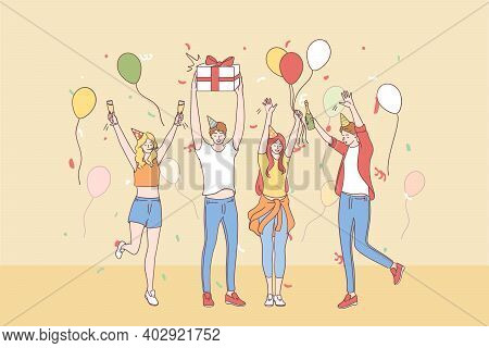 Celebrating, Party, Birthday Concept. Group Of Happy Young People Friends Cartoon Characters In Fest