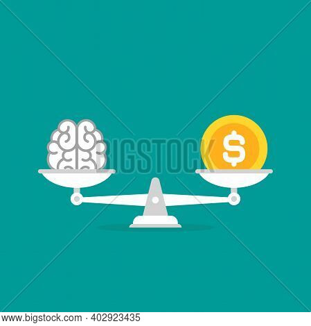 White Mechanical Scales With Clock And Brain In Pans. Education Value, Study Time Expenses Balance. 