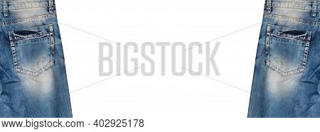 Back Pockets And Waist Areas Of Two Pairs Of Light Blue Jeans With Faded White Spots, Isolated On Wh