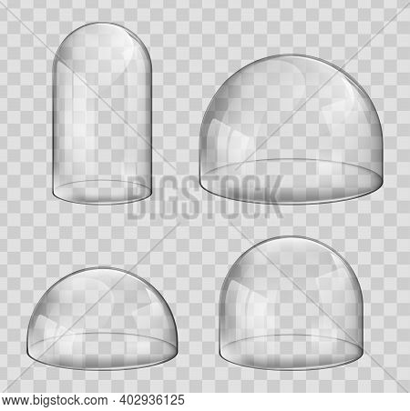 Glowing Glass Dome Cases, Semi Spherical And Capsule Shapes. Realistic 3d Detailed Spherical Glass D
