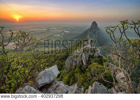 View From The Peak Of Khao Nor In The Morning Sunrise In Nakhon Sawan, Thailand.