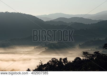 The Scenery Of Phu Langka In The Morning Sunrise At Phayao Province, Thailand.
