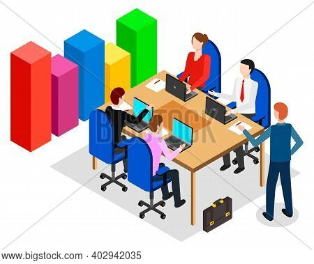 Business Meeting, Conference, Growing Chart, Graphic, People Sitting Around Of Table With Laptops Di