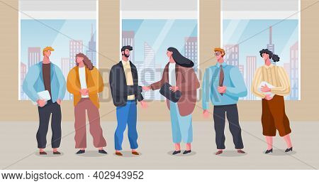 Office Workers Shaking Hands. Business People Have Successful Deal, Congratulate Each Other. Woman W