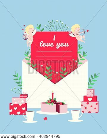 Postcard With A Declaration Of Love. Valentine's Day Symbols Hearts, Cupids, Cherry And Strawberry C