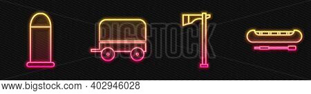 Set Line Tomahawk Axe, Bullet, Wild West Covered Wagon And Kayak Or Canoe And Paddle. Glowing Neon I