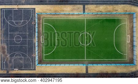 Top View, Bird Eye View Of School College With Basketball And Football Soccer Courts.