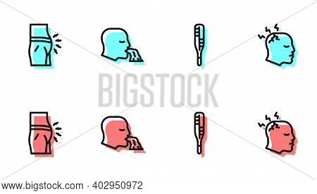 Set Line Medical Thermometer, Abdominal Bloating, Vomiting Man And Man Having Headache Icon. Vector