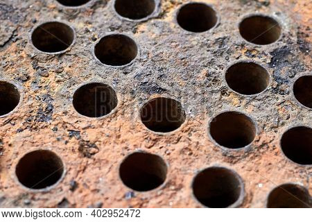 Tube Sheet Or Plate Of Heat Exchanger Boiler Closeup Texture Selective Focus Background Opened For I