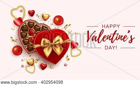 Valentines Day Banner Template With Box Of Chocolate Sweets, Red Candles And Golden Hearts. Vector D