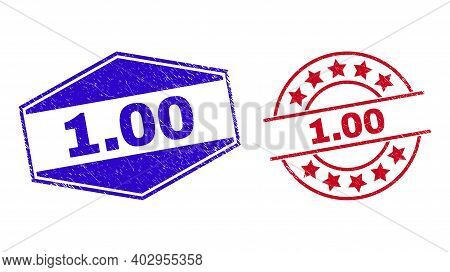 1.00 Stamps. Red Round And Blue Compressed Hexagonal 1.00 Watermarks. Flat Vector Distress Seal Stam