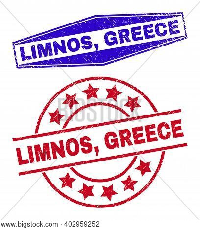 Limnos, Greece Stamps. Red Circle And Blue Compressed Hexagonal Limnos, Greece Stamps. Flat Vector D