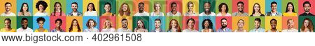 Collage Of Happy People Portraits With Millennials Headshots On Bright Colored Studio Backgrounds. P