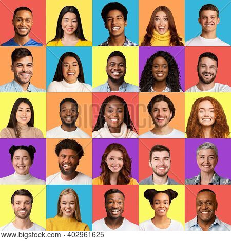 Set Of Multiethnic Male And Female Faces, Group Portrait Of Mixed Smiling Millennials In Square Coll
