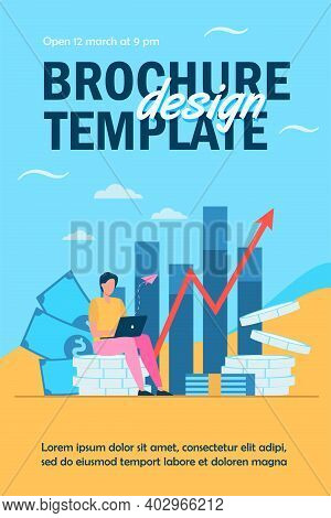 Investor With Laptop Monitoring Growth Of Dividends. Trader Sitting On Stack Of Money, Investing Cap