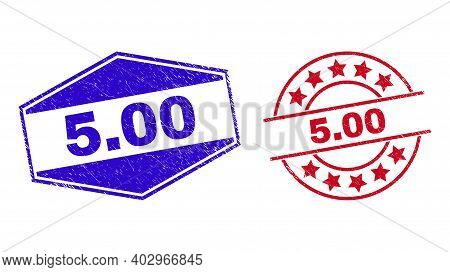 5.00 Stamps. Red Round And Blue Extended Hexagon 5.00 Watermarks. Flat Vector Distress Watermarks Wi