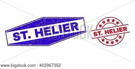 St. Helier Badges. Red Rounded And Blue Compressed Hexagon St. Helier Rubber Imprints. Flat Vector G