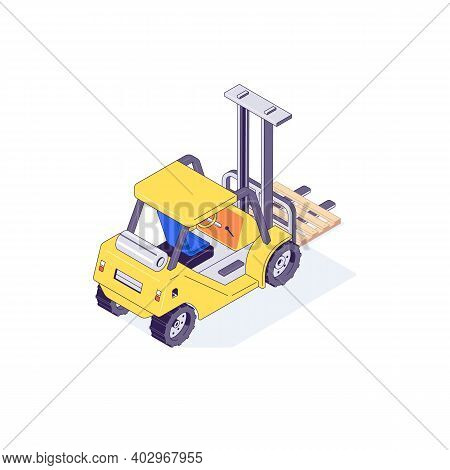 Isometric Warehouse Forklift Pallet Lift And Machine. Truck Delivery And Transportaion Industry Vect
