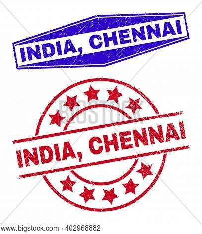 India, Chennai Stamps. Red Round And Blue Flatten Hexagon India, Chennai Seal Stamps. Flat Vector Te