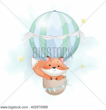 Cute Foxy Flying On Big Air Balloon. Adorable Fox Cartoon Character. Stock Vector Illustration